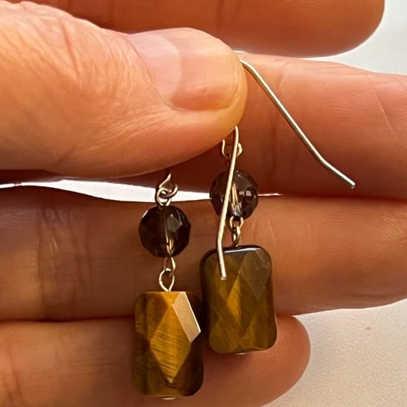 Artisan 925 Sterling Silver Hook Semi Precious Stone Earrings, Tiger eye, Topaz - Picture 3 of 4